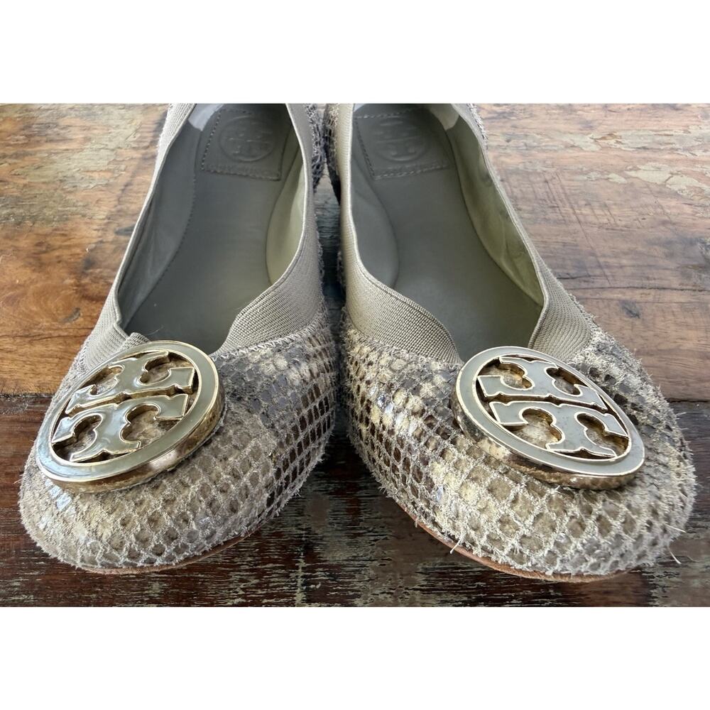 Tory Burch Reva Ballet Flats Haircalf Snakeskin Print Leather Shoes 7.5M Gold - Picture 9 of 16